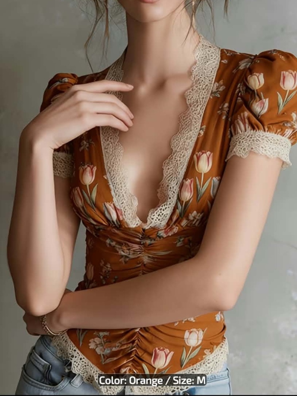 Floral Lace Trim Rust Orange V-Neck Blouse